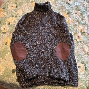 Gray Turtleneck Sweater with Brown Elbow Patches